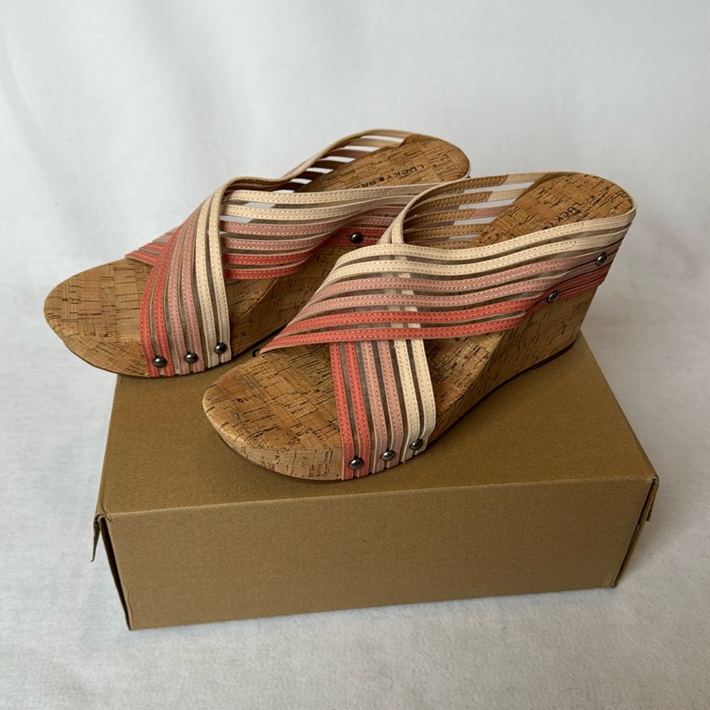 LUCKY BRAND Mykayla Pink Ombre Cross Strap Cork Wedge Sandals Women's 9.5